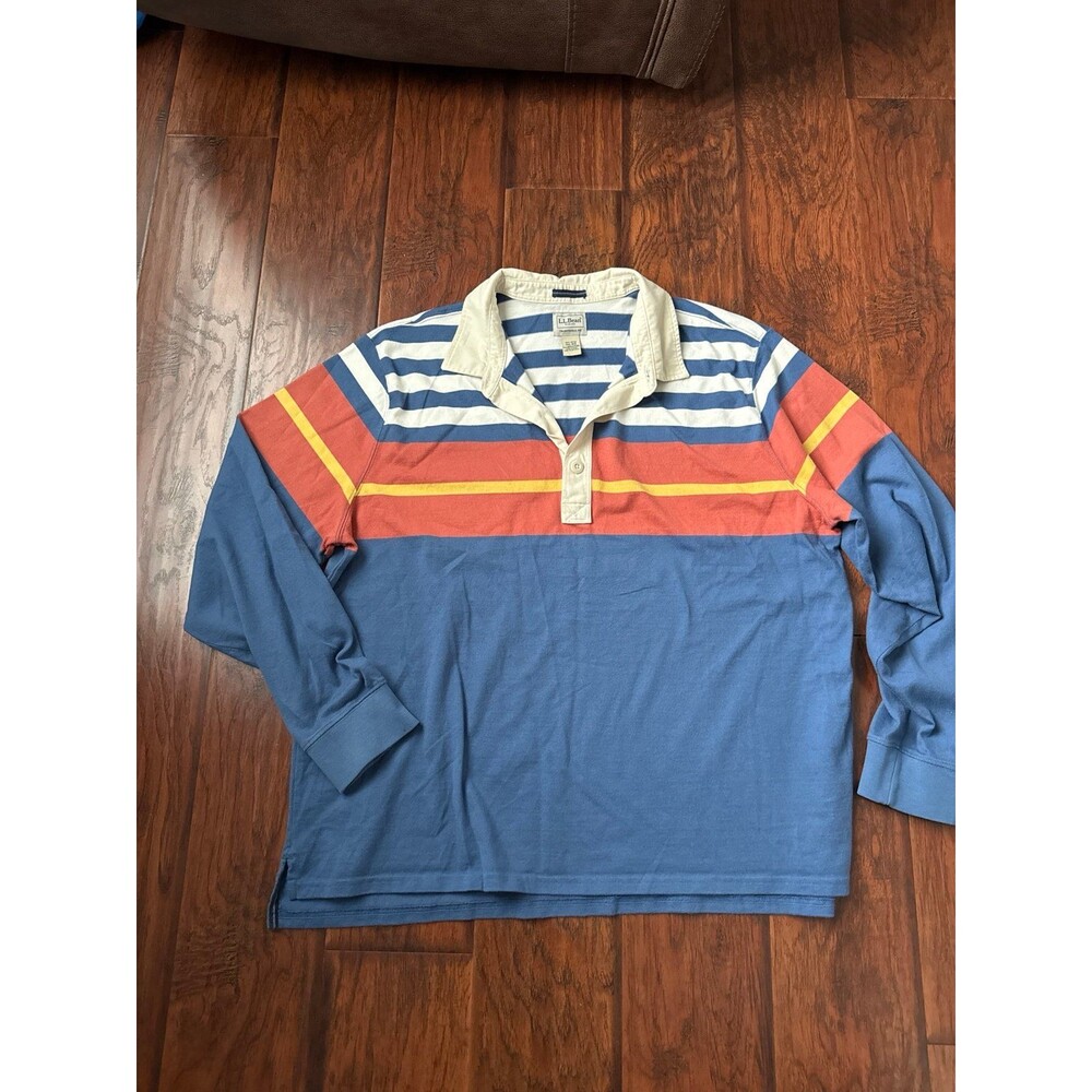 L.L.Bean Men’s XXL Regular 100% Cotton Striped Rugby Polo Shirt Blue Orange